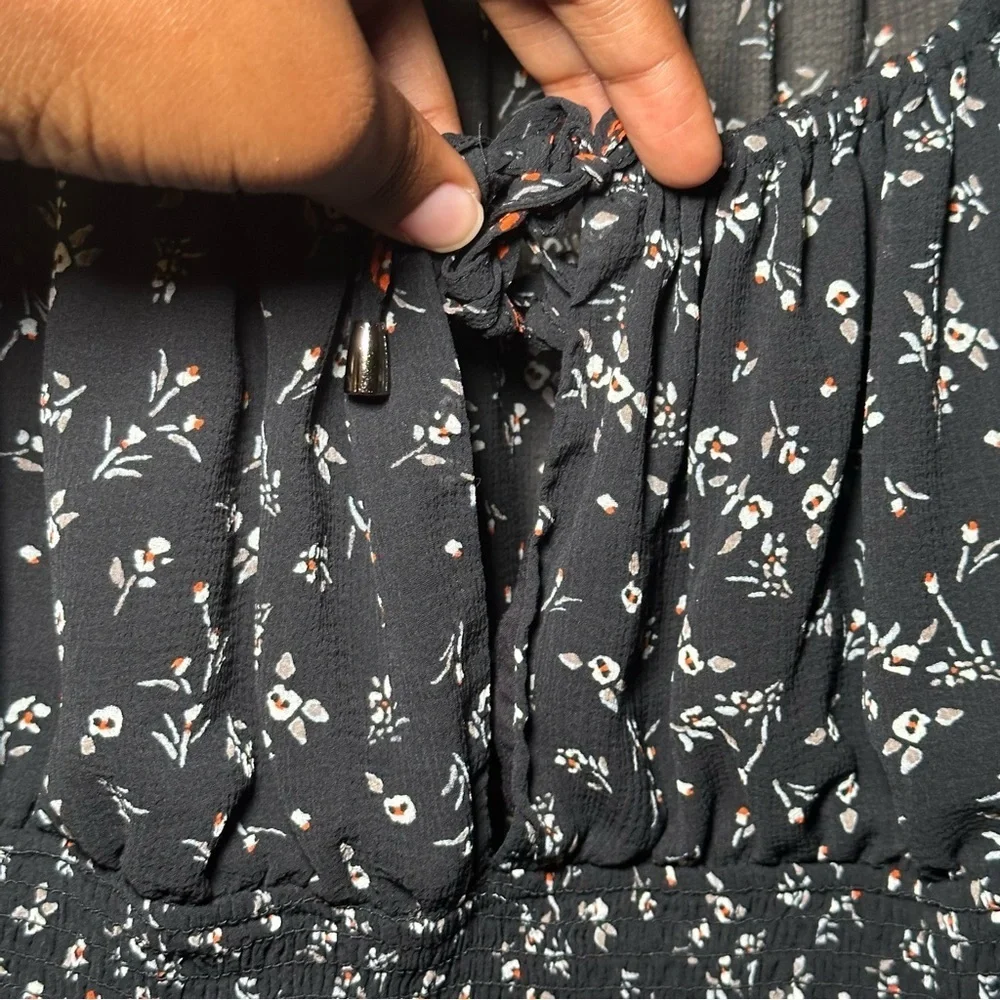 Free People Floral Black Women's Smocked Ruffled Cutout Front Tie Blouse Large